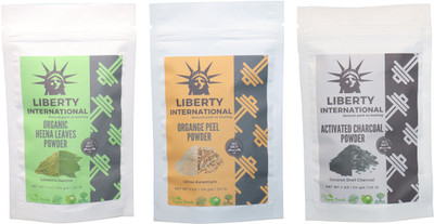 

LIBERTY INTERNATIONAL Heena & Orange & Charcoal Powder ( 114 Gm Each ) For Face , Hair & Skin Care Certified C18(Set of 3)