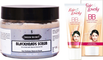 

Sheer Secret Blackheads Scrub 300ml and Fair & Lovely BB Foundation + Fairness Cream 40 Grams(Set of 2)