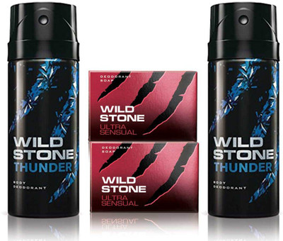 

Wild Stone 2 Thunder Deodorant and 2 Ultra Sensual 125gm Soap(Set of 4)