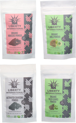 

LIBERTY INTERNATIONAL Hibiscus & Amla & Charcoal & Tulsi Powder ( 114 Gm Each ) For Face , Hair & Skin Care Certified C18(Set of 4)