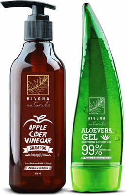 

RIVONA NATURALS Combo Pack of 99% Pure & Organic Soothing Aloe Vera Gel For Face, Skin and Hair – 125 ML + Apple Cider Vinegar Anti dandruff & Hair fall Control Shampoo for Men and Women - 250 ML (Set of 2)(Set of 02)