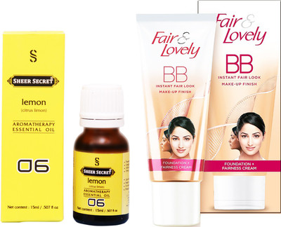 

Sheer Secret Lemon Essential Oil 15 ml and Fair & Lovely BB Foundation + Fairness Cream 40 Grams(Set of 2)