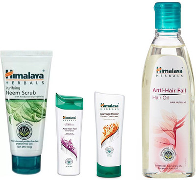 

Himalaya neem face scrub, anti hair fall shampoo, damge conditionar, anti hair fall oil(Set of 4)