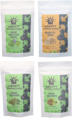 

LIBERTY INTERNATIONAL Indigo & Orange & Neem & Amla Powder ( 114 Gm Each ) For Face , Hair & Skin Care Certified C18(Set of 4)