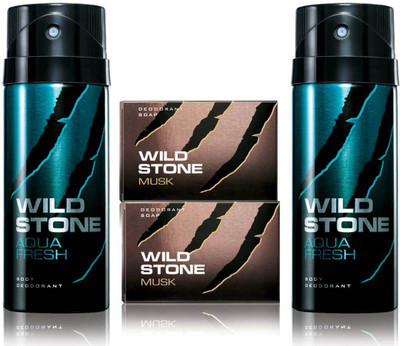 

Wild Stone 2 Aqua Fresh Deodorant and 2 Musk 125gm Soap(Set of 4)
