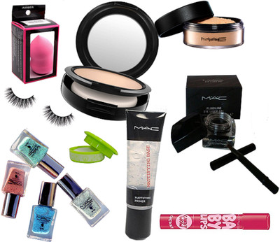 

Amber Sponge Puff & Eyelashes & Mattifying Primer & Compact & Loose Powder & Nail Paint (Pack Of 4) & Nail Remover & Fluid Gel Eyeliner & Baby Lip Balm(Set of 12)
