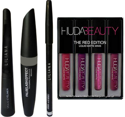 

Liliana Eyebrow Black Pencil With Mascara & Liquid Eyeliner set of 3 with HB Red Edition Lipsticks Set of 4(Set of 7)