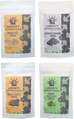 LIBERTY INTERNATIONAL Orange & Charcoal & Shikakai & Tulsi Powder ( 114 Gm Each ) For Face , Hair & Skin Care Certified C18(Set of 4)