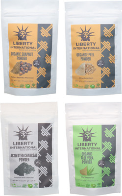 

LIBERTY INTERNATIONAL Soapnut & Orange & Charcoal & Aloevera Powder ( 114 Gm Each ) For Face , Hair & Skin Care Certified C18(Set of 4)