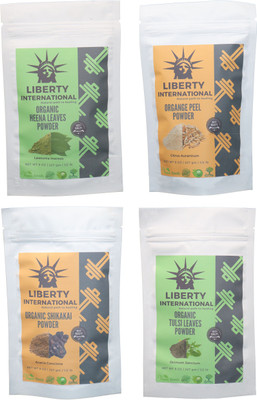 

LIBERTY INTERNATIONAL Heena & Orange & Shikakai & Tulsi Powder ( 227 Gm Each ) For Face , Hair & Skin Care Certified C18(Set of 4)