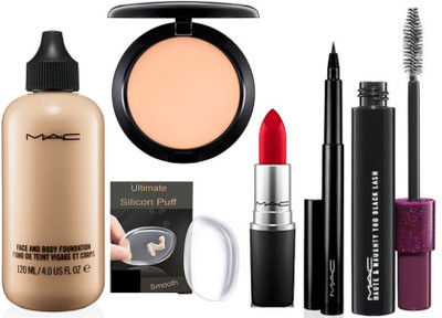 

Ultimate Silicon Puff With Red Lipstick & Face And Body Foundation & Studio Fix Compact & pen Eyeliner With Mascara(Set of 6)