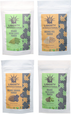 

LIBERTY INTERNATIONAL Heena & Orange & Shikakai & Tulsi Powder ( 114 Gm Each ) For Face , Hair & Skin Care Certified C18(Set of 4)