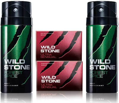 

Wild Stone 2 Forest Spice Deodorant and 2 Ultra Sensual 125gm Soap(Set of 4)