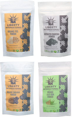 

LIBERTY INTERNATIONAL Orange & Charcoal & Shikakai & Aloevera Powder ( 227 Gm Each ) For Face , Hair & Skin Care Certified C18(Set of 4)