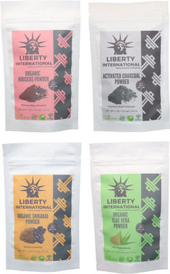 

LIBERTY INTERNATIONAL Hibiscus & Charcoal & Shikakai & Aloevera Powder ( 114 Gm Each ) For Face , Hair & Skin Care Certified C18(Set of 4)