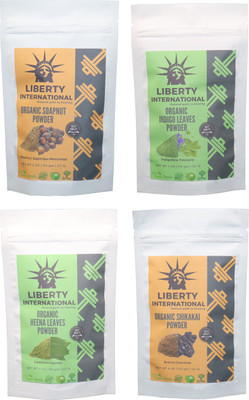 

LIBERTY INTERNATIONAL Soapnut & Indigo & Heena & Shikakai Powder ( 114 Gm Each ) For Face , Hair & Skin Care Certified C18(Set of 4)