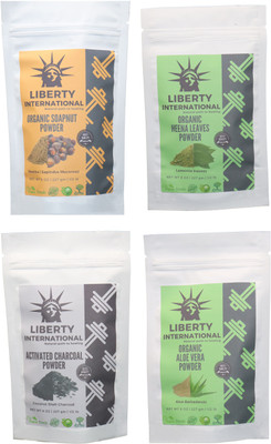 

LIBERTY INTERNATIONAL Soapnut & Heena & Charcoal & Aloevera Powder ( 227 Gm Each ) For Face , Hair & Skin Care Certified C18(Set of 4)
