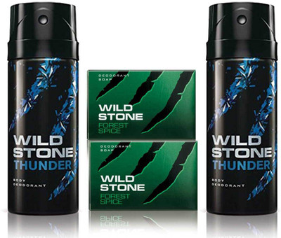 

Wild Stone 2 Thunder Deodorant and 2 Forest Spice 75gm Soap(Set of 4)