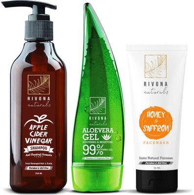 

RIVONA NATURALS Combo Pack of 99% Pure & Organic Soothing Aloe Vera Gel For Face, Skin and Hair – 125 ML + Apple Cider Vinegar Anti dandruff & Hair fall Control Shampoo for Men and Women - 250 ML + Honey and Saffron Fairness Face Wash - 55 ML (Set of 3)(S