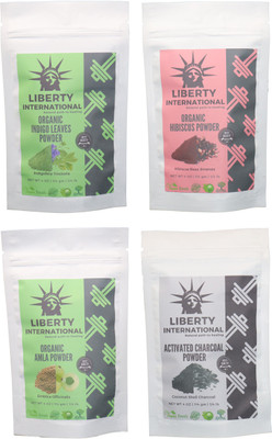 LIBERTY INTERNATIONAL Indigo & Hibiscus & Amla & Charcoal Powder ( 114 Gm Each ) For Face , Hair & Skin Care Certified C18(Set of 4)