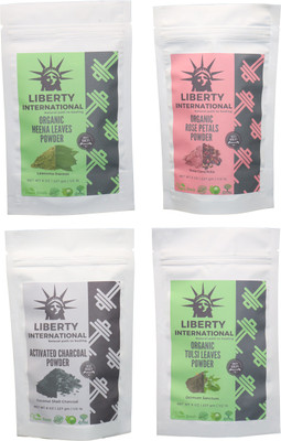 

LIBERTY INTERNATIONAL Heena & Rose & Charcoal & Tulsi Powder ( 227 Gm Each ) For Face , Hair & Skin Care Certified C18(Set of 4)
