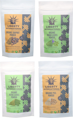

LIBERTY INTERNATIONAL Soapnut & Indigo & Heena & Orange Powder ( 114 Gm Each ) For Face , Hair & Skin Care Certified C18(Set of 4)