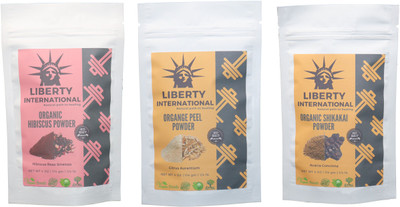 

LIBERTY INTERNATIONAL Hibiscus & Orange & Shikakai Powder ( 114 Gm Each ) For Face , Hair & Skin Care Certified C18(Set of 3)