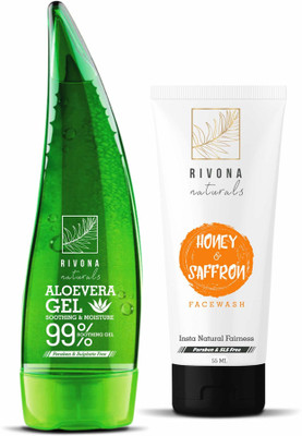 

RIVONA NATURALS Combo Pack of 99% Pure & Organic Soothing Aloe Vera Gel For Face, Skin and Hair – 125 ML + Best Honey and Saffron Fairness Face Wash for Men and Women - 55 ML (Set of 2)(Set of 02)