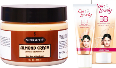 

Sheer Secret Almond Cream 300ml and Fair & Lovely BB Foundation + Fairness Cream 40 Grams(Set of 2)