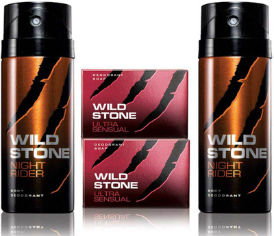 

Wild Stone 2 Night Rider Deodorant and 2 Ultra Sensual 75gm Soap(Set of 4)