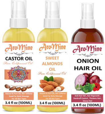 

AroMine 100% Organic Castor Oil And Sweet Almond Oil & Onion Oil For Hair Regrowth Hair Oil(300 ml)