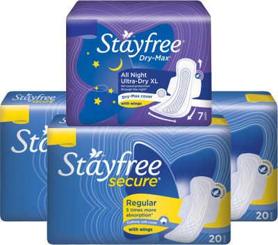 

Stayfree Secure Cottony Soft Regular 60 Pads with Dry Max XL All Night 7 Pads Sanitary Pad(Pack of 67)