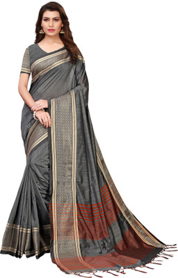 Ratnavati Printed, Striped Fashion Cotton Linen Blend, Cotton Blend Saree(Grey)