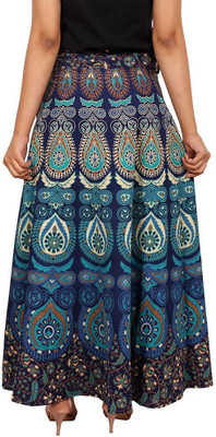 Rangun Printed Women Wrap Around Blue Skirt