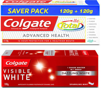 

Colgate Toothpaste, Total Advanced Health- 240 gm with Visible White Sparkling Mint Toothpaste - 100gm Toothpaste(340 g, Pack of 2)