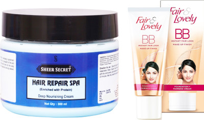 

Sheer Secret Hair Repair Spa 300ml and Fair & Lovely BB Foundation + Fairness Cream 40 Grams(Set of 2)