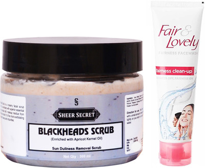 

Sheer Secret Blackheads Scrub 300ml and Fair & Lovely Fairness Instant Glow Clean-up face wash 100 ml(Set of 2)