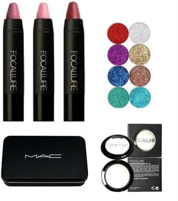 

focallure collection professional premium quality combo kit ( eyeshadow, matte lipsticks, metallic baked eyeshadow and brush set with storage box )(Set of 4)