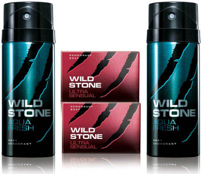 

Wild Stone 2 Aqua Fresh Deodorant and 2 Ultra Sensual 125gm Soap(Set of 4)