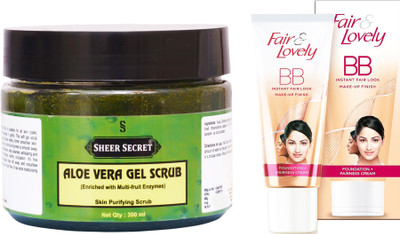 

Sheer Secret Aloe Vera Scrub 300ml and Fair & Lovely BB Foundation + Fairness Cream 40 Grams(Set of 2)