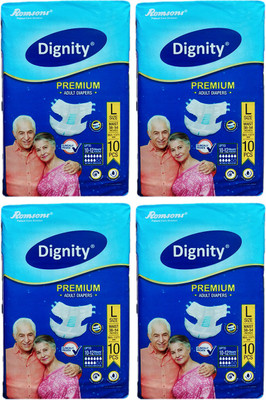 

ROMSONS DIGNITY PREMIUM ADULT DIAPERS, SIZE LARGE, 10 Pcs. PACK, COMBO OF 4 PACKS, FOR WAIST SIZE 38"-54" INCHES, TOTAL 40 DIAPERS Adult Diapers - L(40 Pieces)