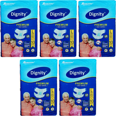 

ROMSONS DIGNITY PREMIUM ADULT DIAPERS, SIZE LARGE, 10 Pcs. PACK, COMBO OF 5 PACKS, FOR WAIST SIZE 38"-54" INCHES, TOTAL 50 DIAPERS Adult Diapers - L(50 Pieces)