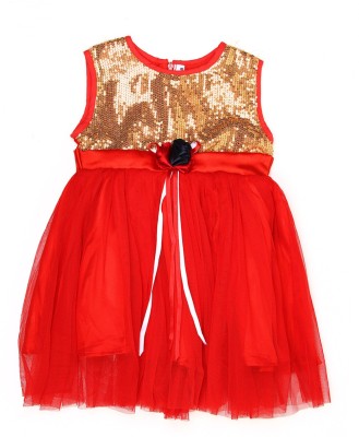 K.CO.89 Girls Midi/Knee Length Party Dress(Red, Sleeveless)