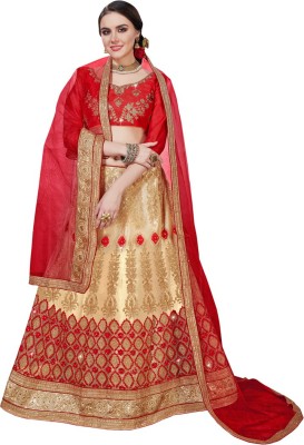 manvaa Embroidered Semi Stitched Lehenga Choli(Beige)