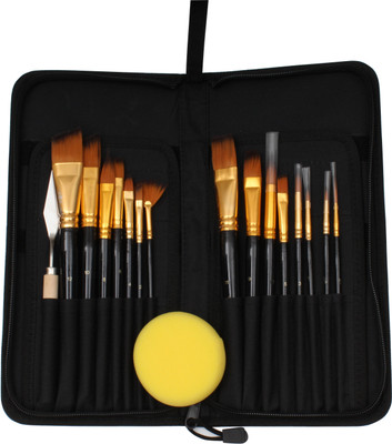 CHROME Synthetic Paint Brush Set With 1 Palette Knife & Sponge in Pop-up Carrying Case(Set of 17, Black)