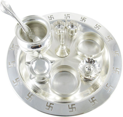 

GoldGiftIdeas 9 Inch Swastik Pooja Thali With Free Chandan, Silver Plated(9 Pieces, Silver)