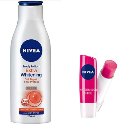 

Nivea Extra Whitening Cell Repair SPF 15 (200 ML) & Watermelon Lipcare(Set of 2)