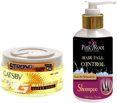 

Pink Root HAIR FALL CONTROL SHAMPOO 200ML WITH GATSBY STRONG LEVEL 5 WATER GLOSS SUPER HARD GEL(Set of 2)