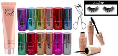 Amber Eyelashes, eyeliner & mascara, weightless mousse foundation, mirror nail paint pack of 12, eyelashes curler(Set of 17)