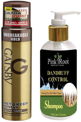 

Pink Root DANDRUFF CONTROL SHAMPOO 200ML WITH GATSBY ULTRA HARD SPRAY(Set of 2)